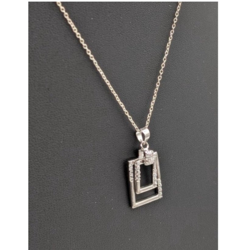 925 Sterling Silver Rectangle Within a Rectangle CZ Pendant 18" Chain Necklace