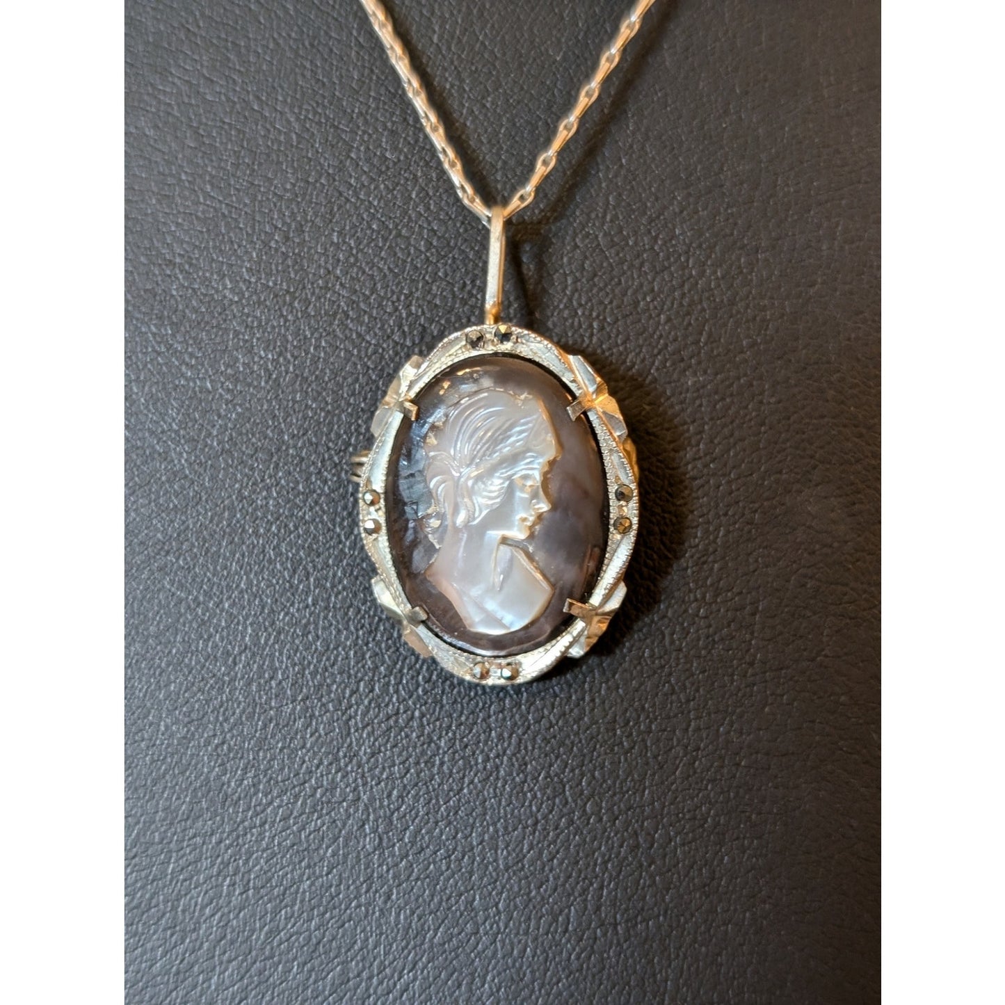 Antique Carved MOP Marcasite Cameo 800 Silver Pendant Pin Chain Necklace
