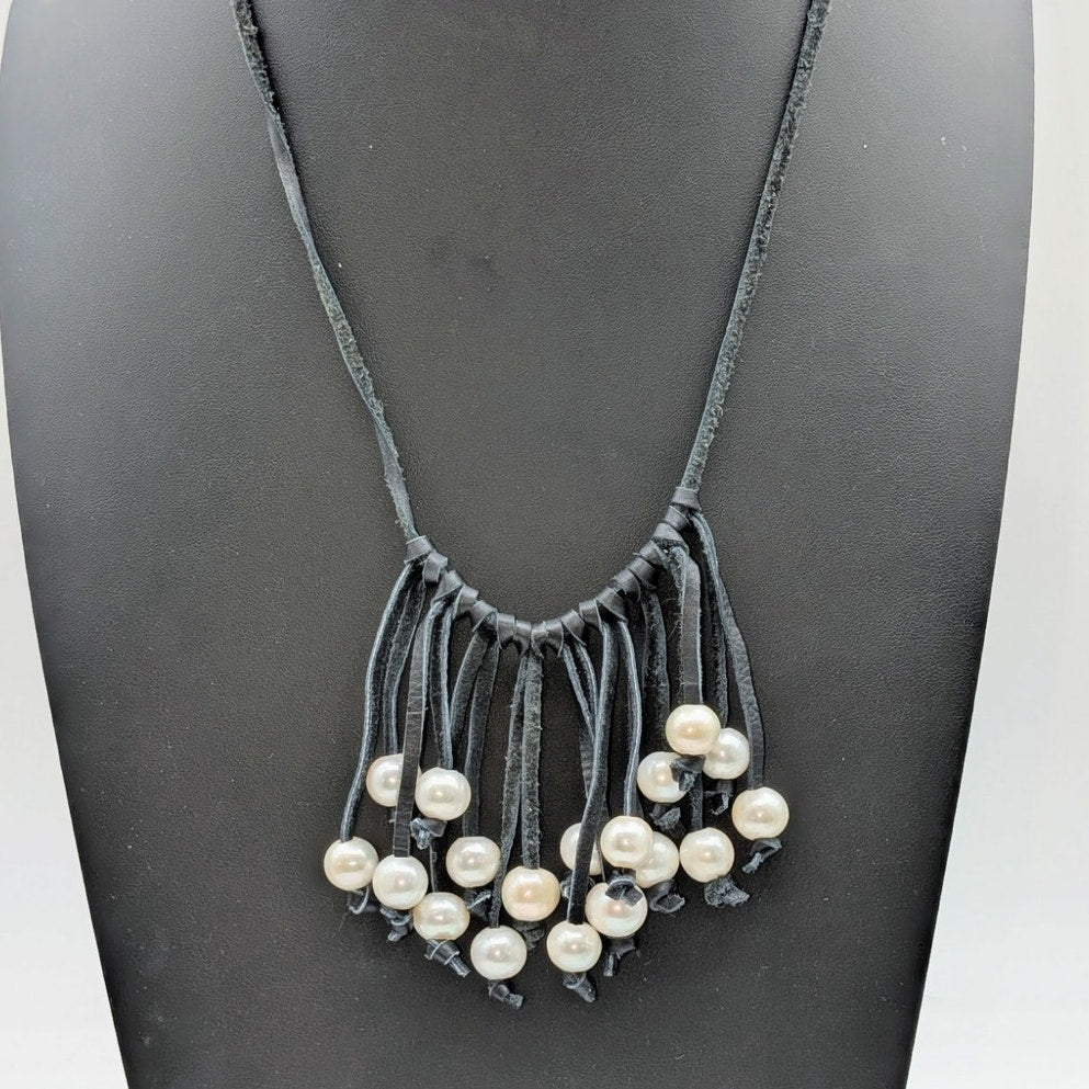 Faux Pearl Adjustable Leather Cord Fringe Boho Hippie Necklace
