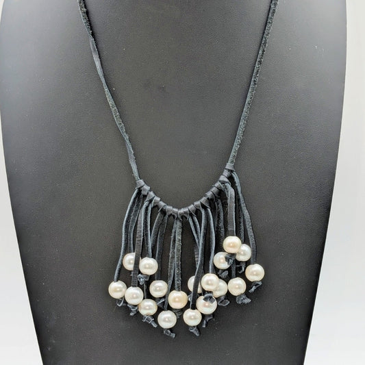 Faux Pearl Adjustable Leather Cord Fringe Boho Hippie Necklace