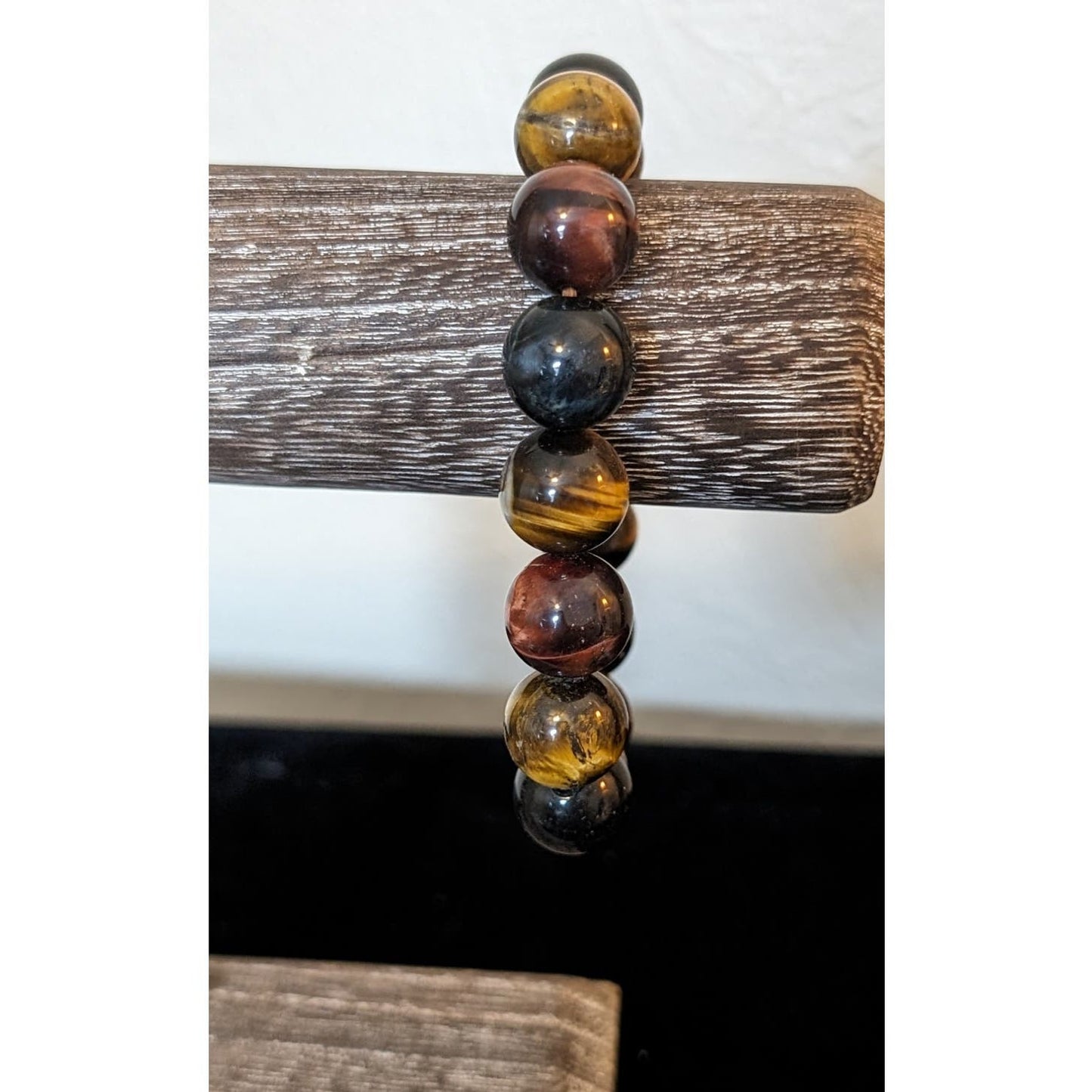 14mm Blue, Red and Gold Yellow Tiger Eye Beaded Stretch Bracelet