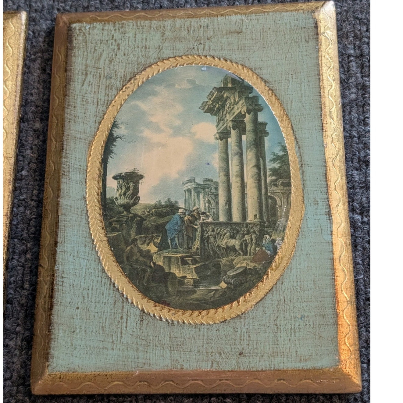 Pair of Antique Florentine Made in Italy Wall Plaques Prints of Roman Ruins