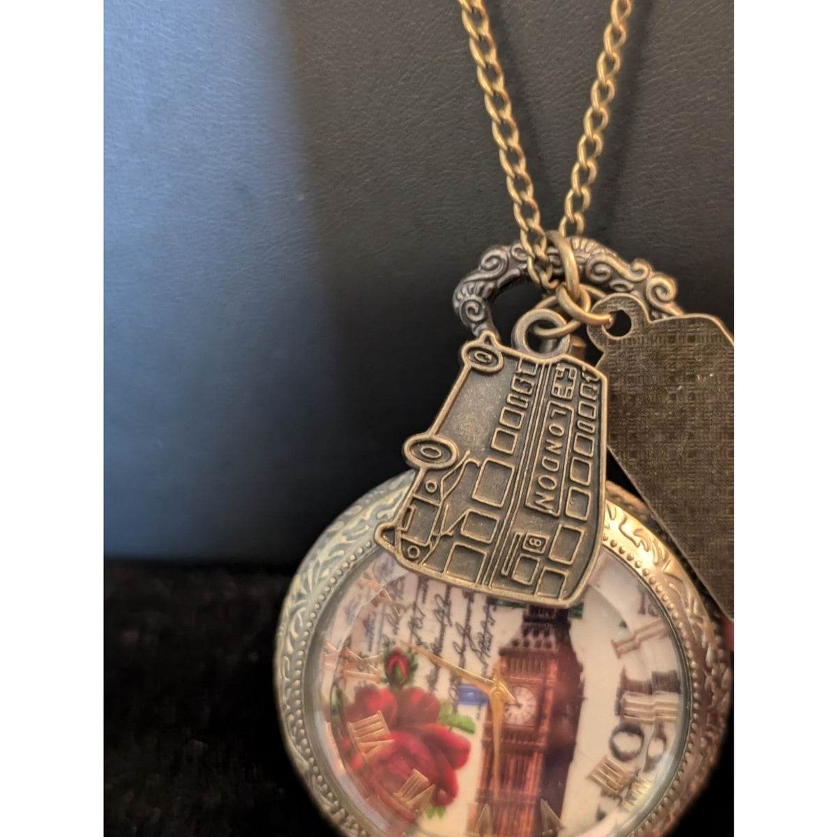 Paris Antiqued Bronze Retro VTG Style Steampunk Quartz Open Face Charm Necklace