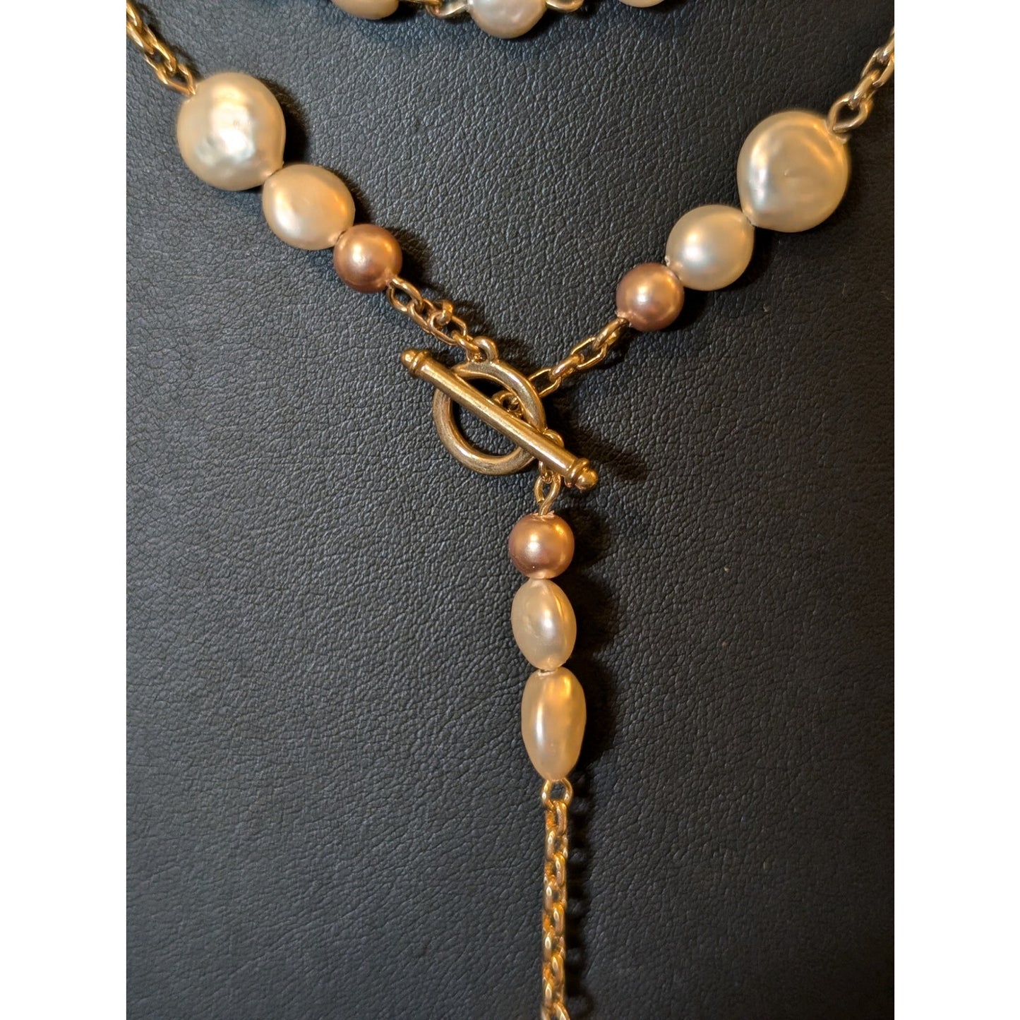 Vintage Anne Klein Double Strand Champagne Penny Coin Pearl Dangle Necklace