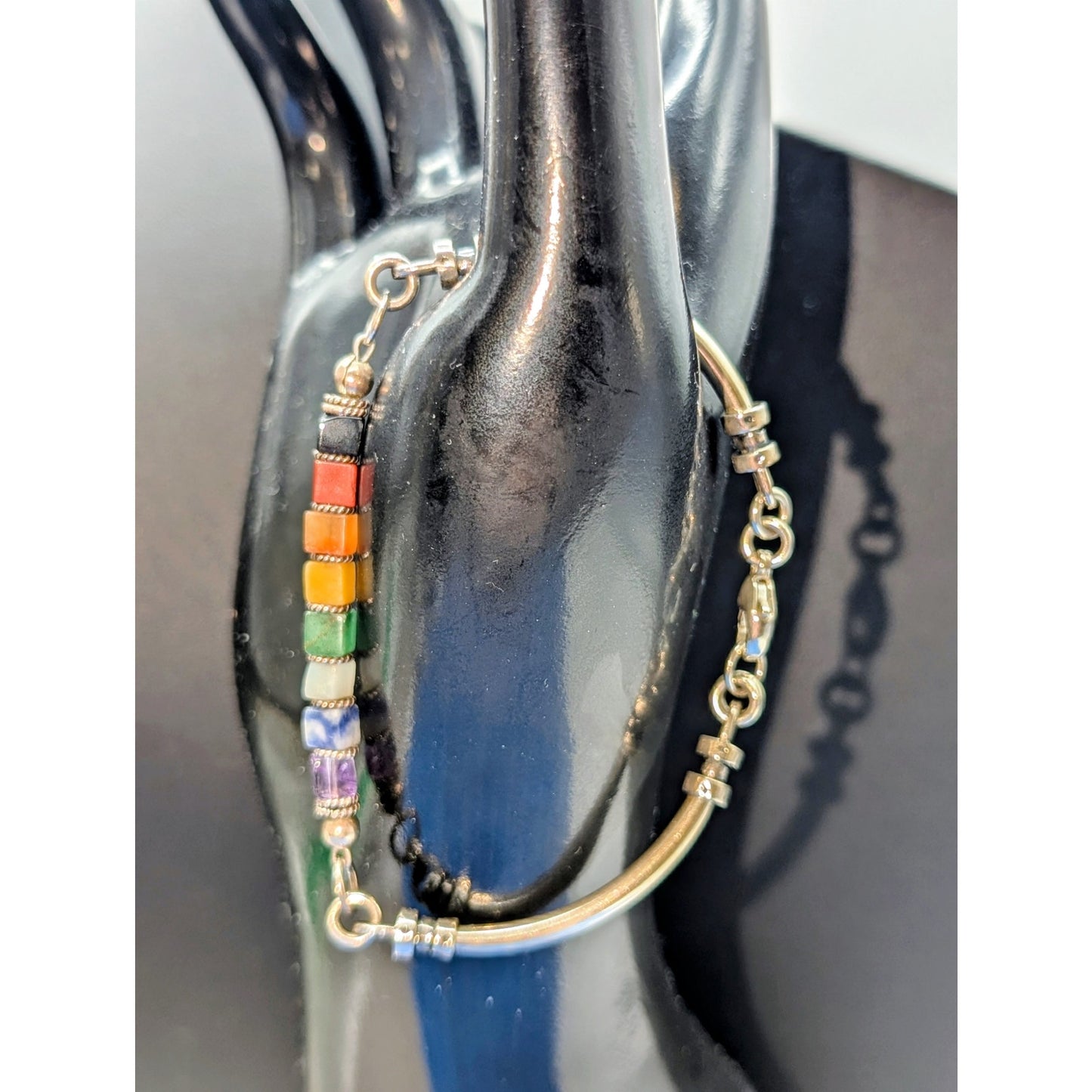 Vintage 925 Sterling Silver Natural Stone Square Bead Bar Link Bracelet