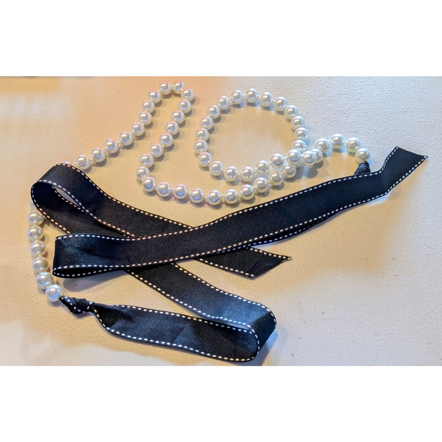 Vintage Contrasting Stitch Black Crossgrain Ribbon Pearl 77" Long Belt