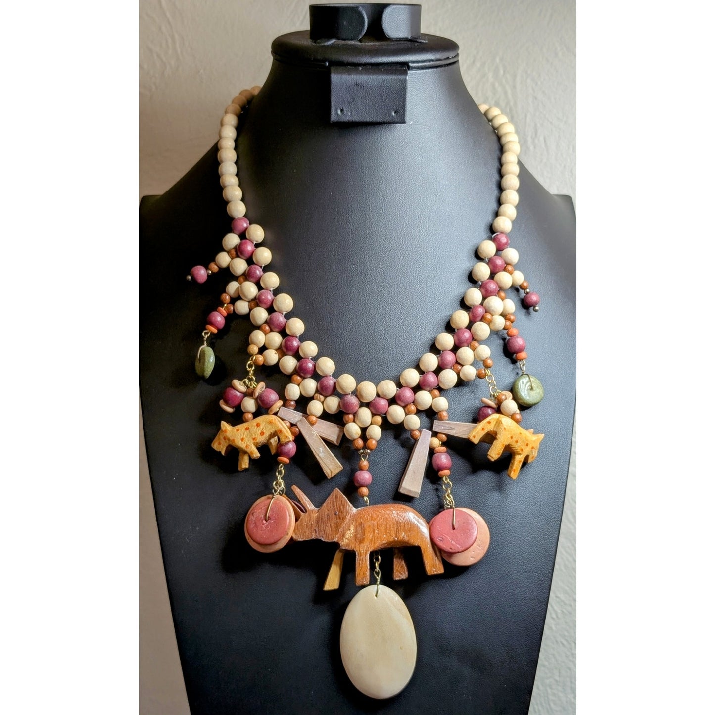 Vintage 1980s Wooden Carved Animal Tribal Necklace & Earring Set