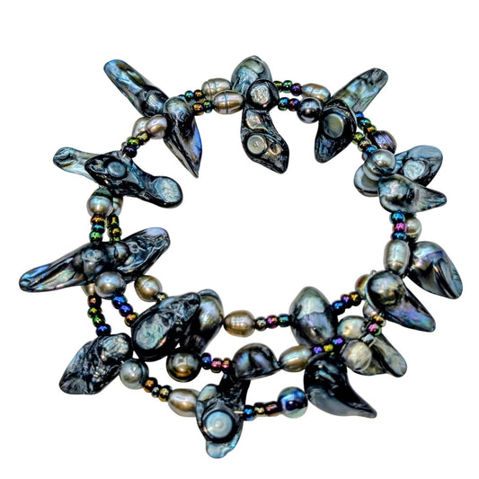 Genuine Gray Multi-Color Freshwater & Blister Pearl Wire Wrap Beaded Bracelet