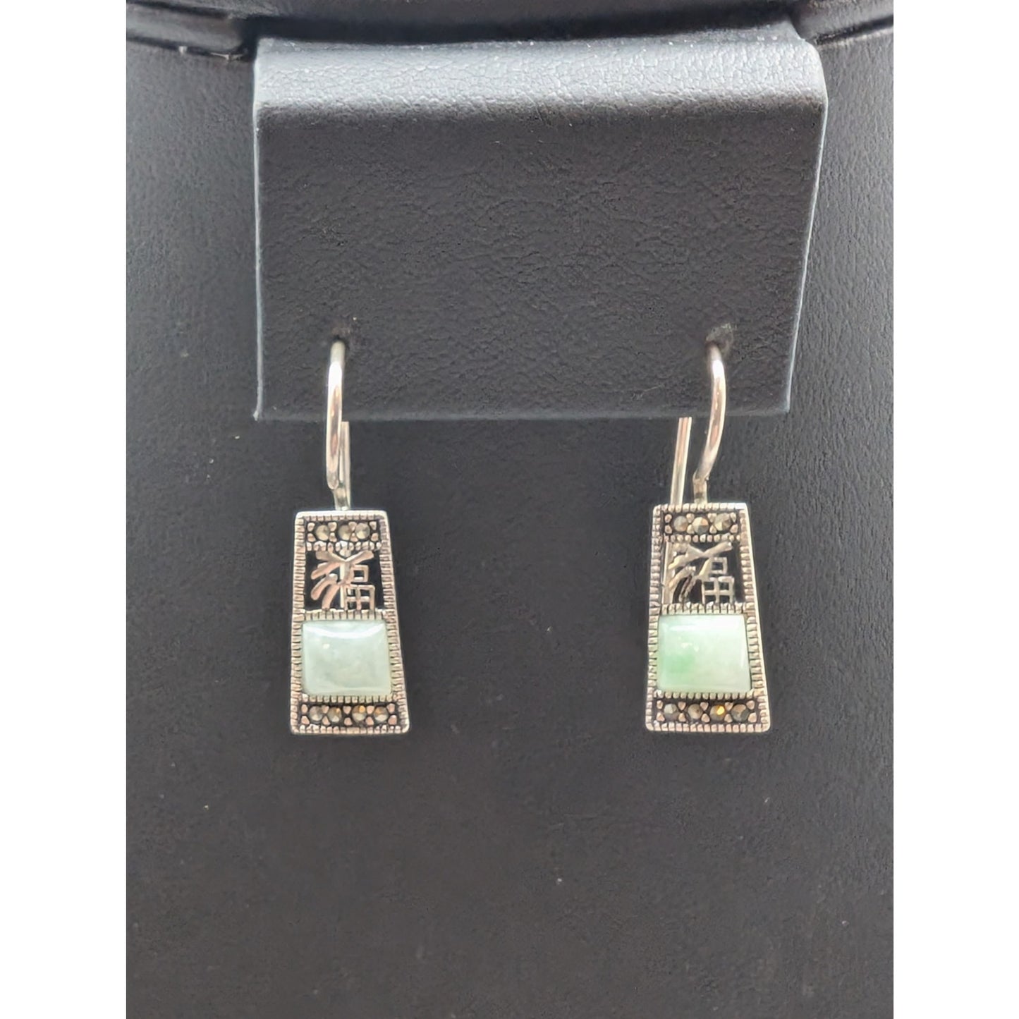 925 Sterling Green Jade-Marcasite Drop Earrings W/ Chinese Happiness Symbol Set