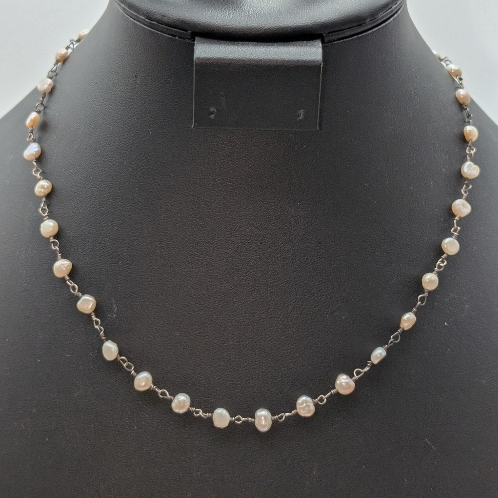 Vtg Genuine Pearl Rosary Chain 925 Sterling Silver Toggle Clasp 18.5" Necklace