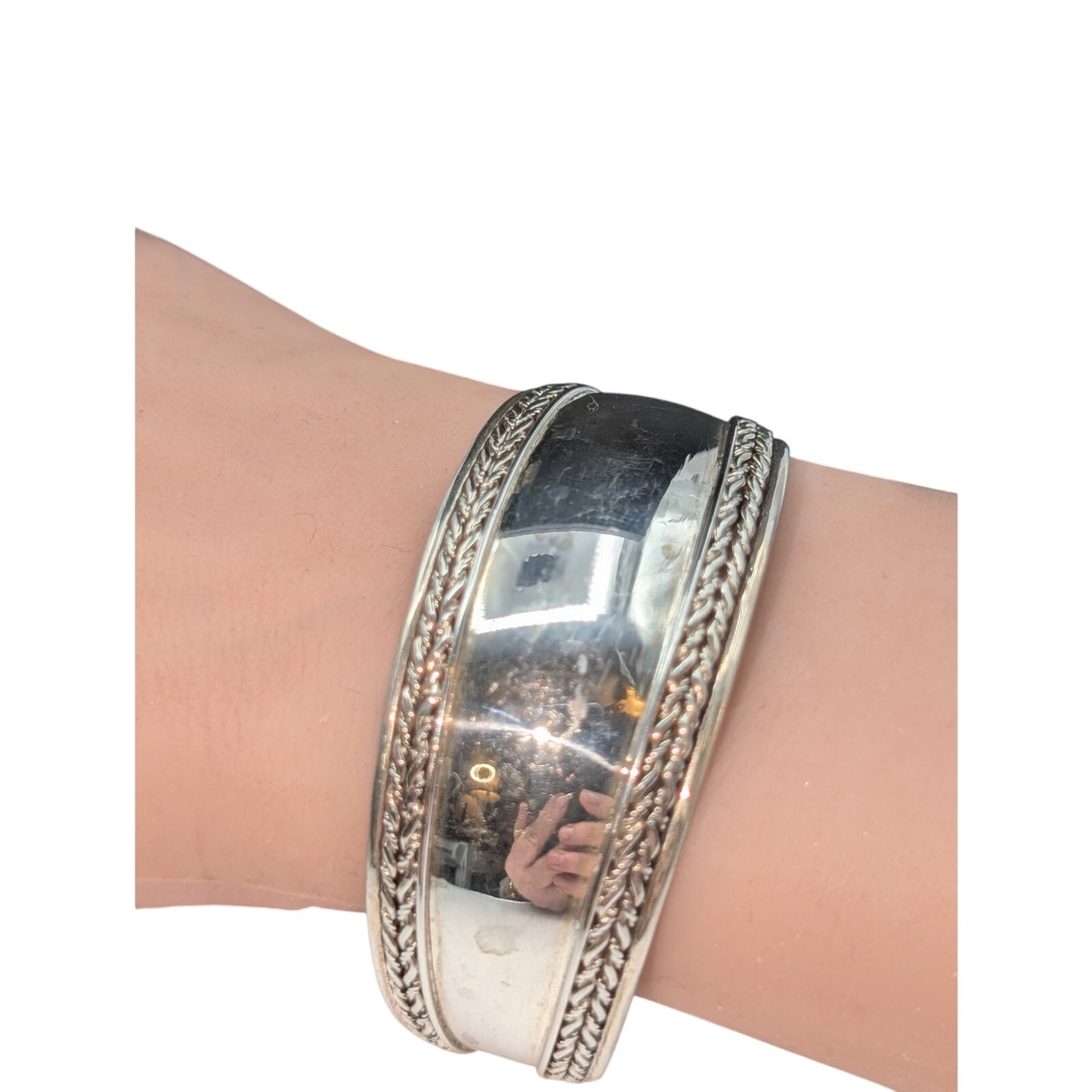 Vintage 925 Sterling Silver Polished Mirror Braided Edge Cuff Bracelet 25.04g