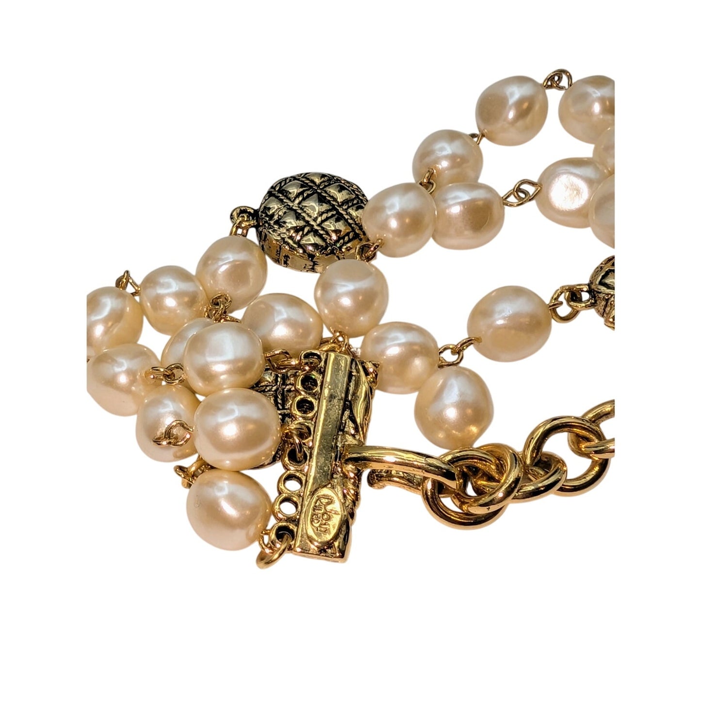 VTG Joan Rivers Gold Tone Faux Baroque Pearl Triple Strand Hook Clasp Bracelet