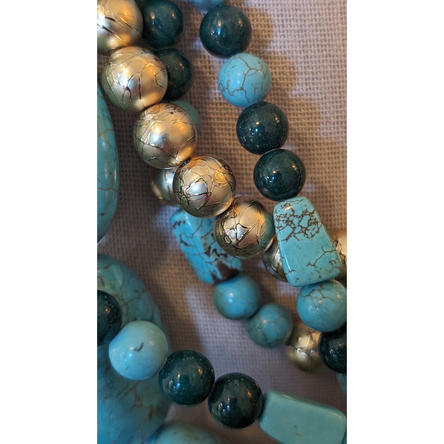 Chunky Blue Green Stone Gold Bead Multi-Strand Heavy Statement Necklace