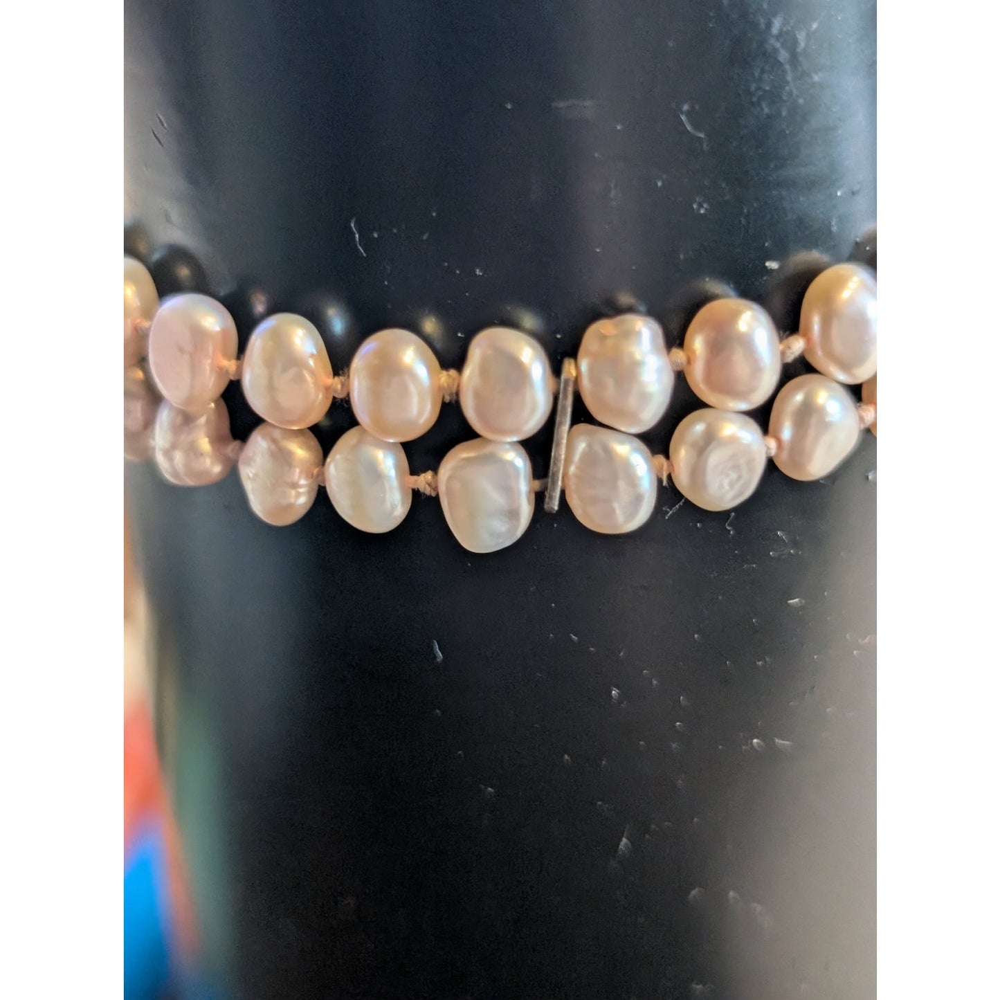 Pink Freshwater Pearl Double Strand Knotted Sterling Silver Clasp 8.25" Bracelet