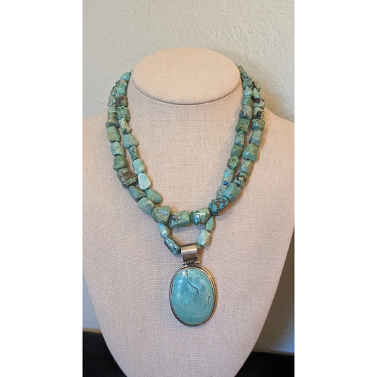 EXEX 925 Sterling Silver Claudia Agudelo Two Strand Turquoise Pendant Necklace