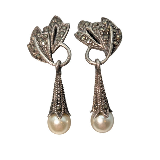 Vintage Sterling Silver Marcasite Faux Pearl Dangle Post Earring