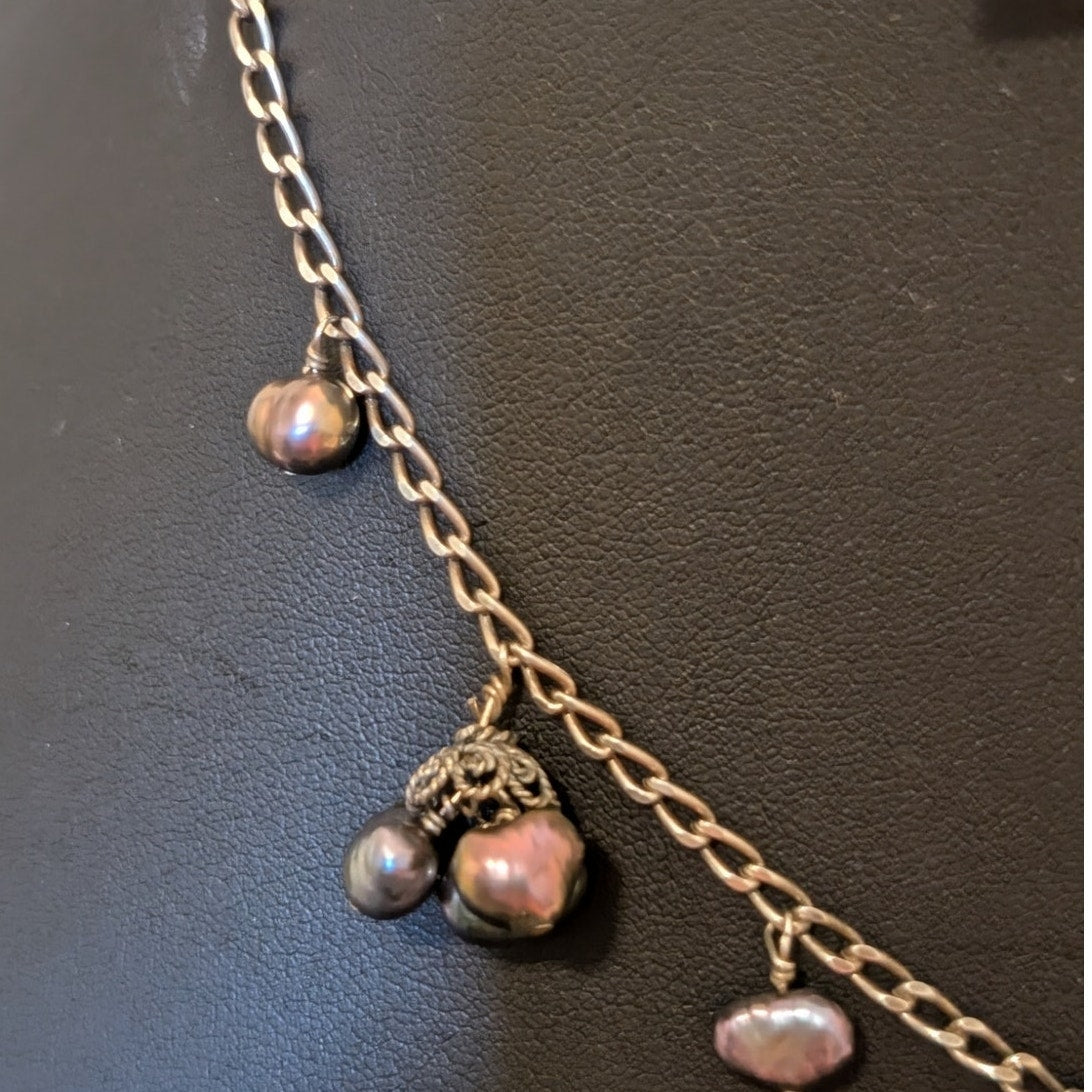 Vtg 925 Sterling Genuine Freshwater Peacock Pearl Dangling 15-16.5" Necklace