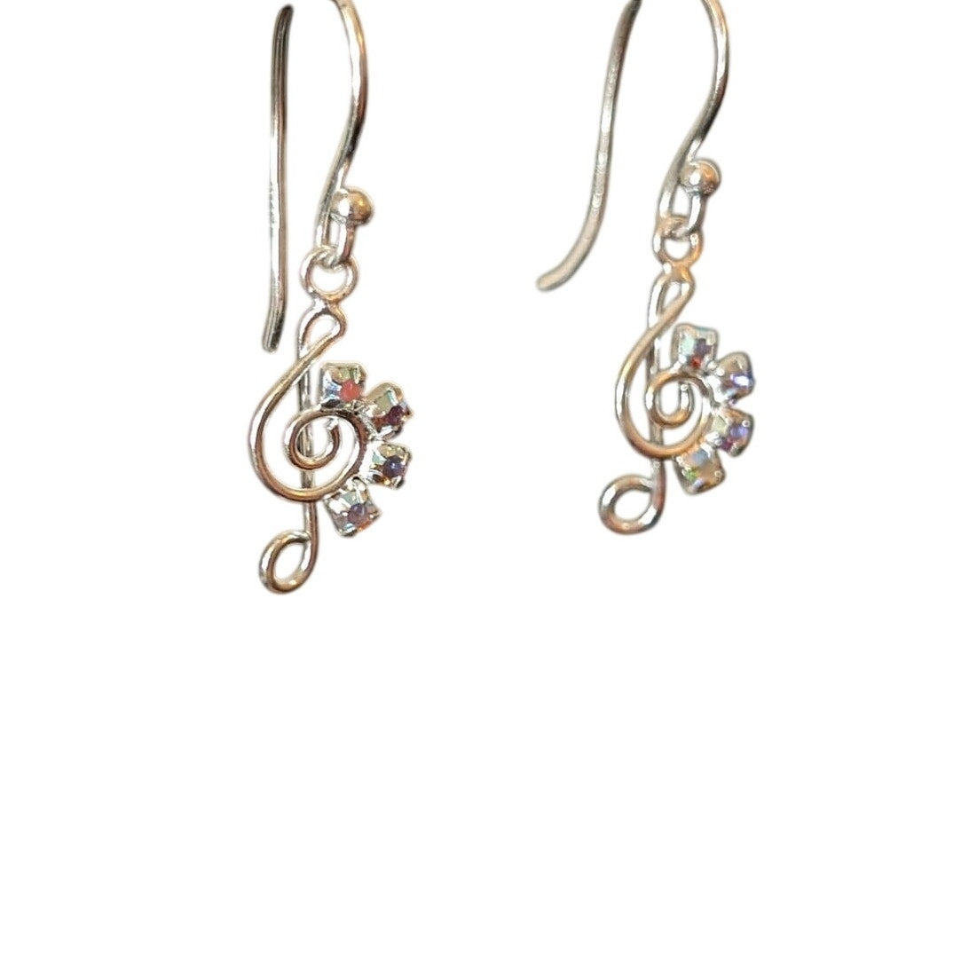 Marked 925 Sterling Treble Clef AB Crystal Dangle French Wire Earrings