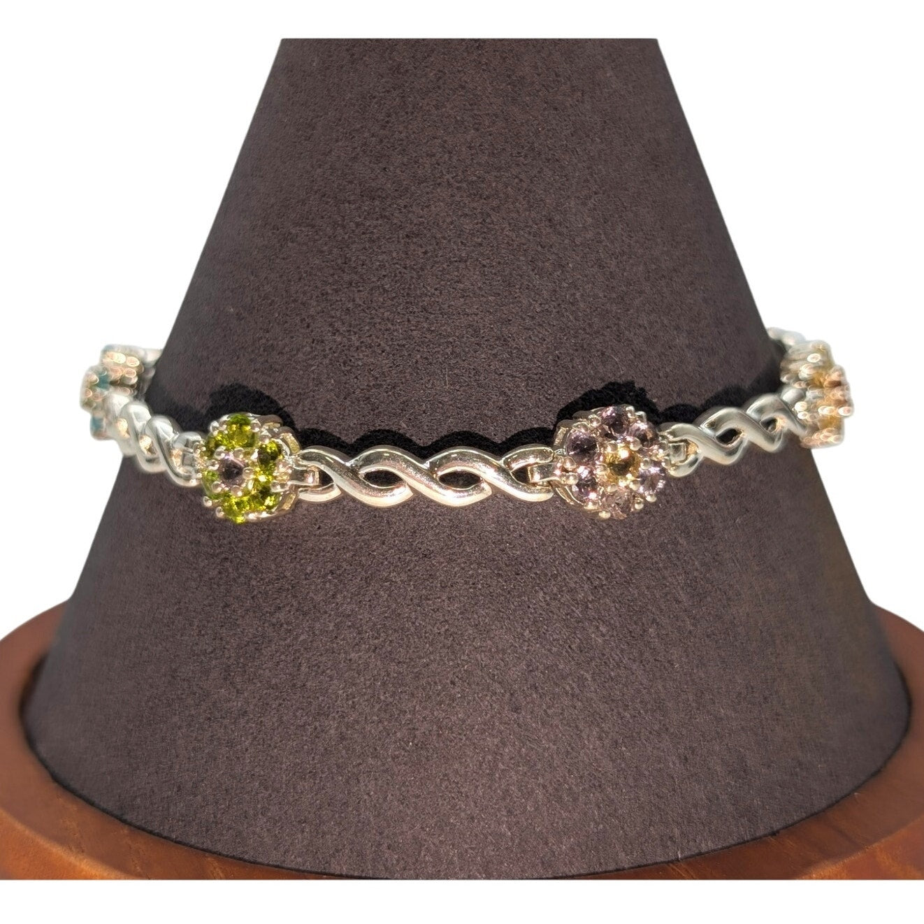 925 Sterling Multi-Color Crystal Flower Cross Over Chain Link Tennis Bracelet