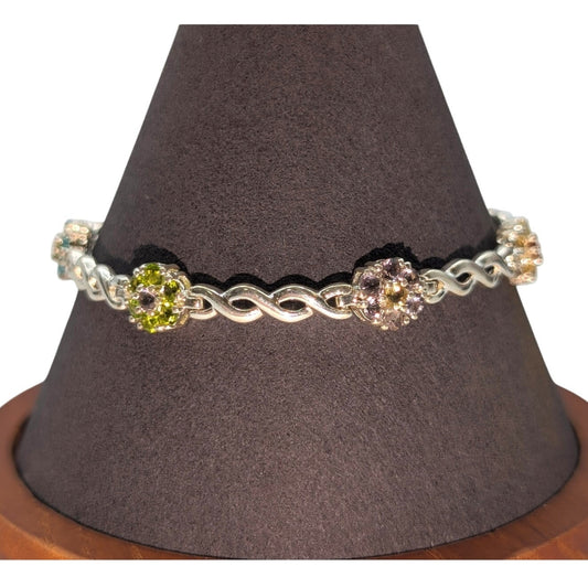 925 Sterling Multi-Color Crystal Flower Cross Over Chain Link Tennis Bracelet