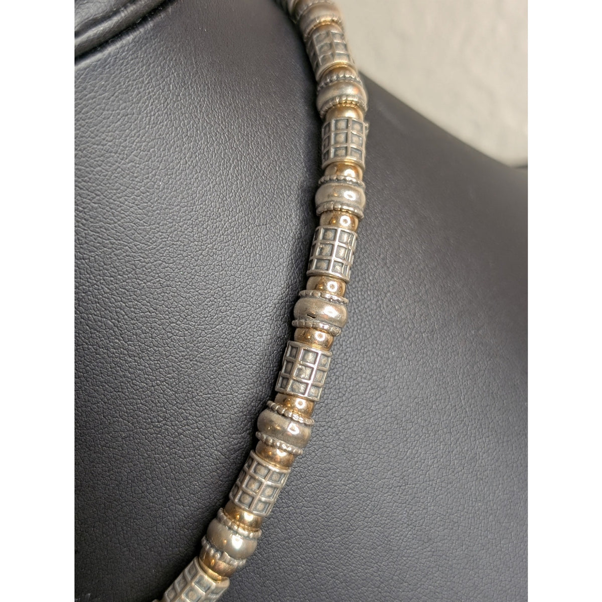 VTG 16.5" Two Tone 925 Sterling Silver Ball & Checkered & Rondelle Bead Necklace