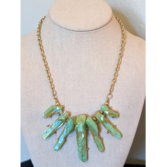 Green Sparkle Resin Crystal Prism Points Gold Tone Statement 19-22" Necklace