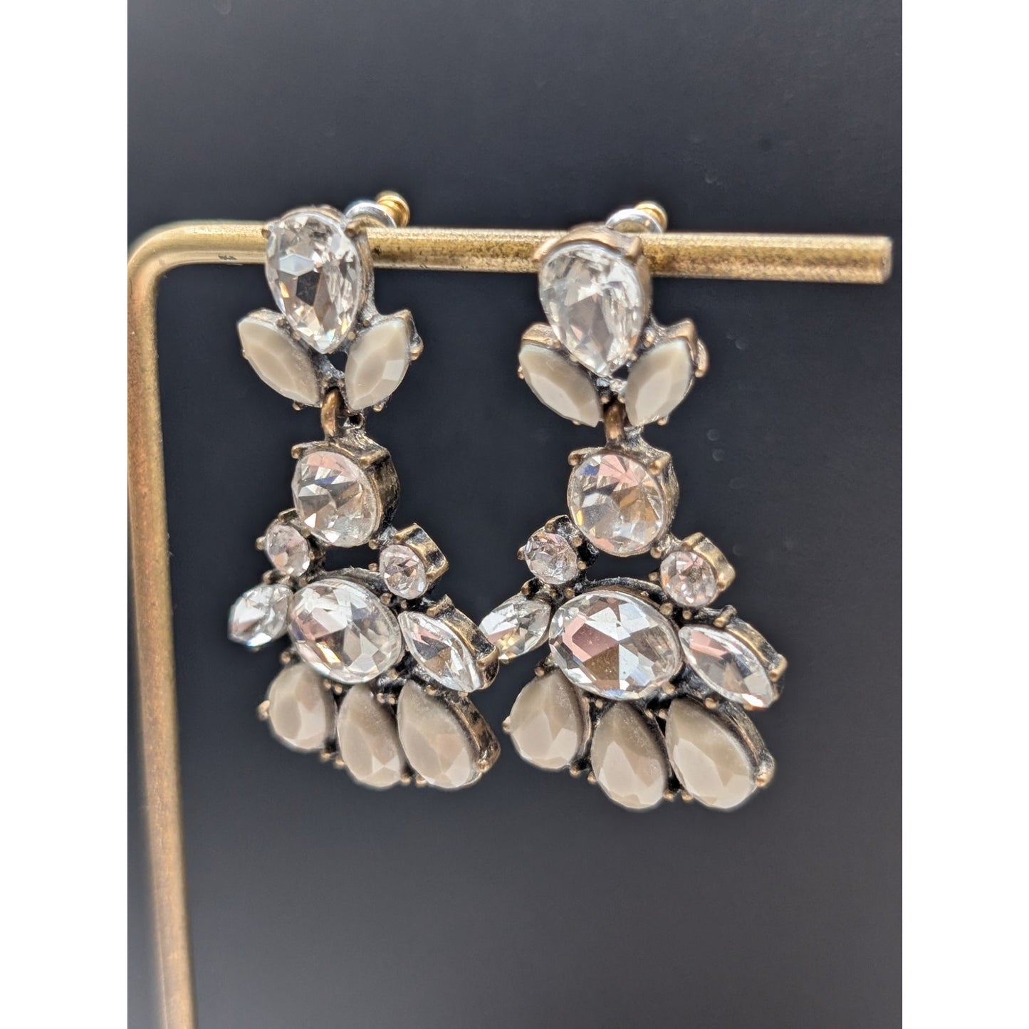 Rhinestone & Gray Green Bead Antiqued Statement Dangle Earrings
