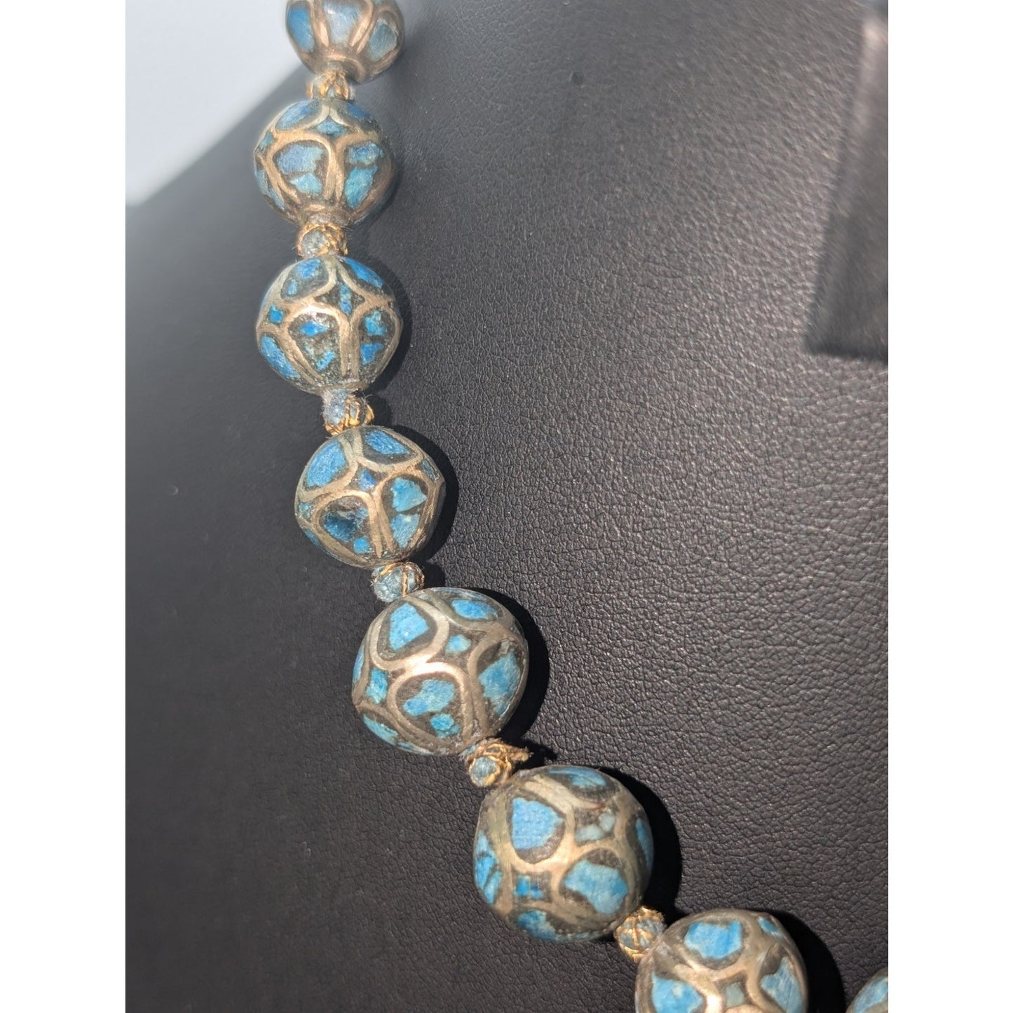 Antique Hand Made Ethnic Turquoise Inlay Non-Magnetic Graduated Bead Necklace