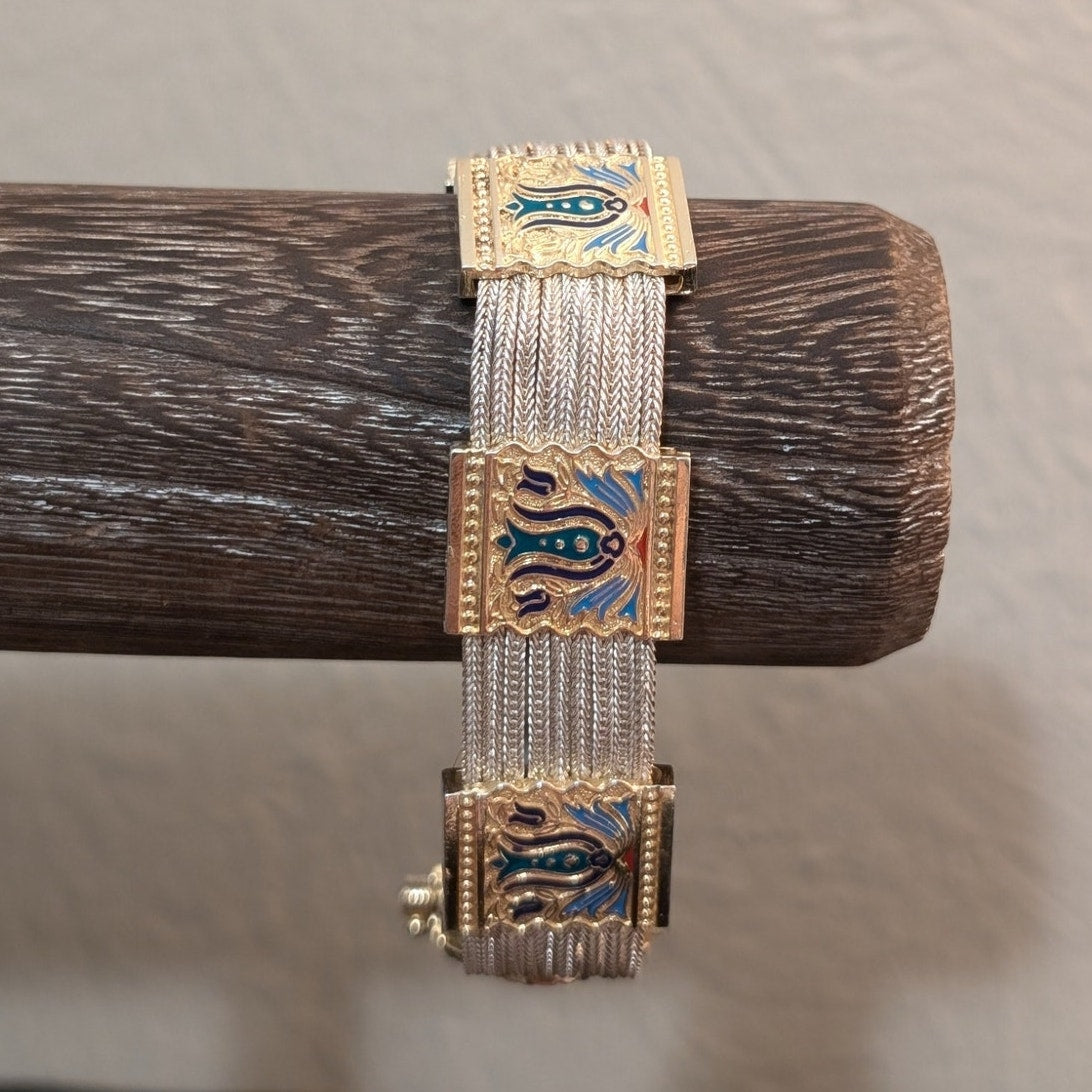 Vintage 925 Sterling Vermeil Enamel Turkish Foxtail Strands Bracelet