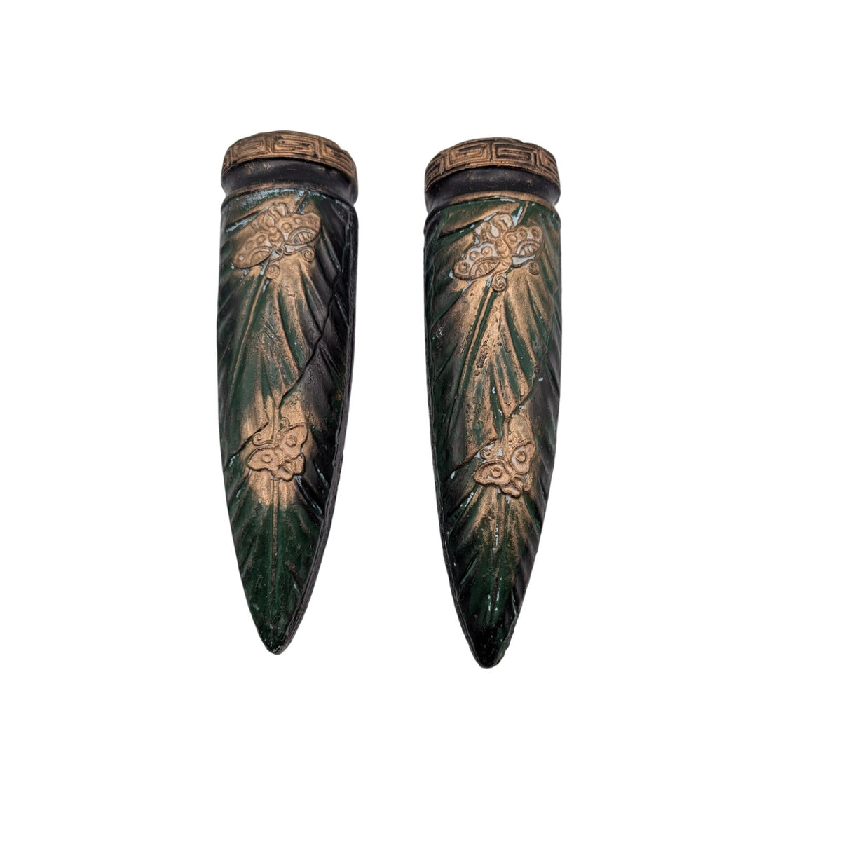 Vintage to Antique Tokanabe Pair Green Black Gilt Japanese Wall Pocket Vases