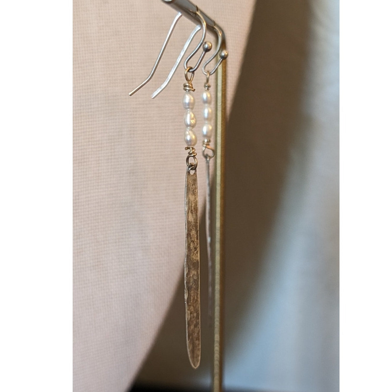 925 Sterling Wire Collar Hammered Dangle Pendant & Matching Pearl Earrings Set