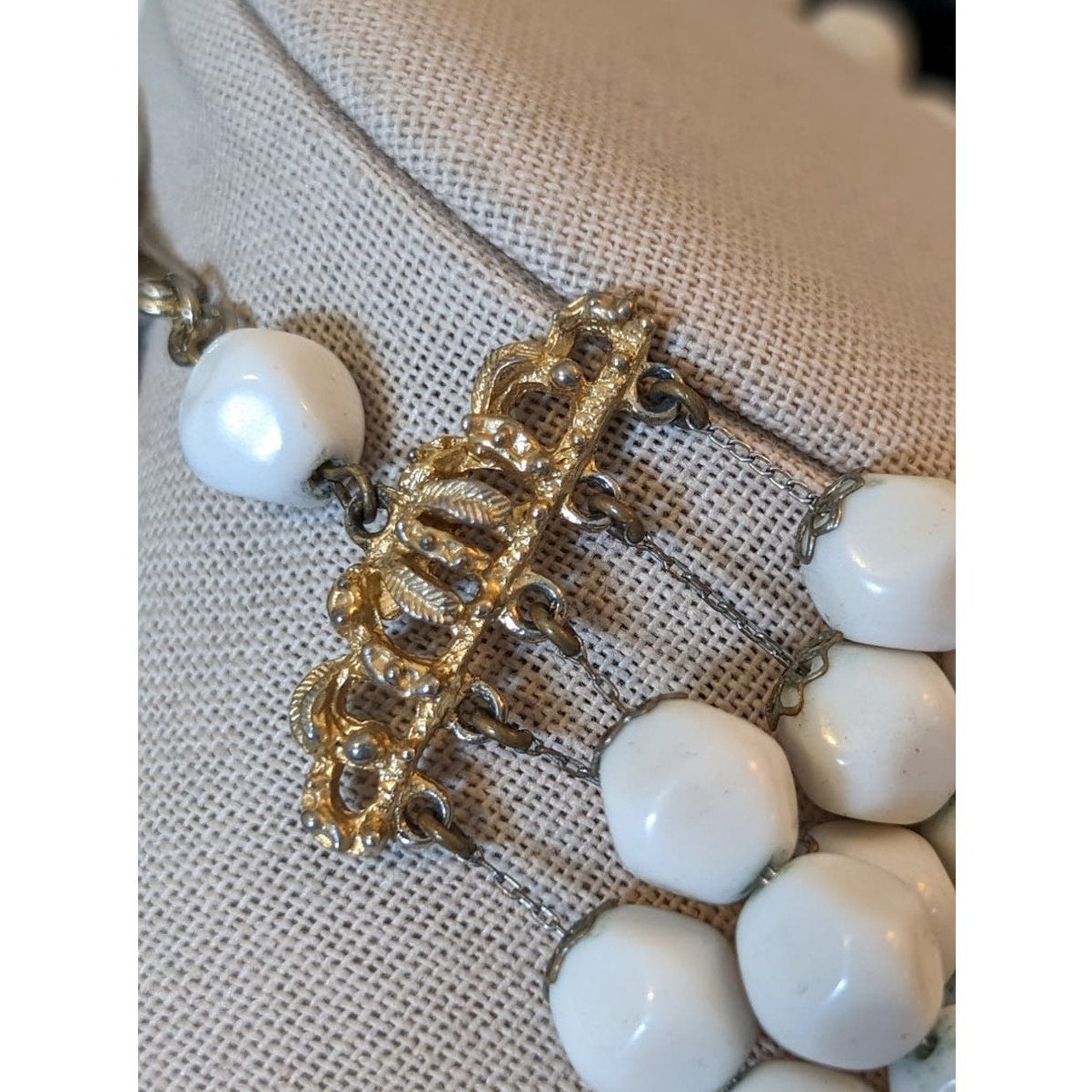 Signed Hobe Five Strand White & Bamboo Bead Vintage Necklace