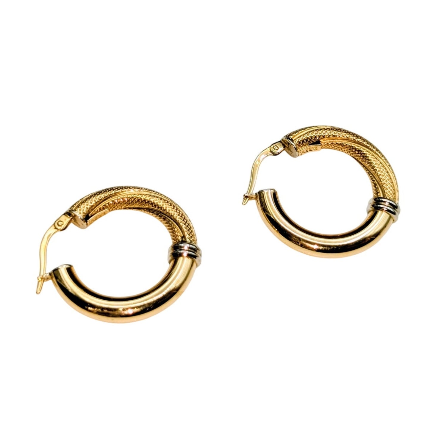 18K Italian Yellow Gold (White Gold Bands) Textured Polished Hoop Earrings