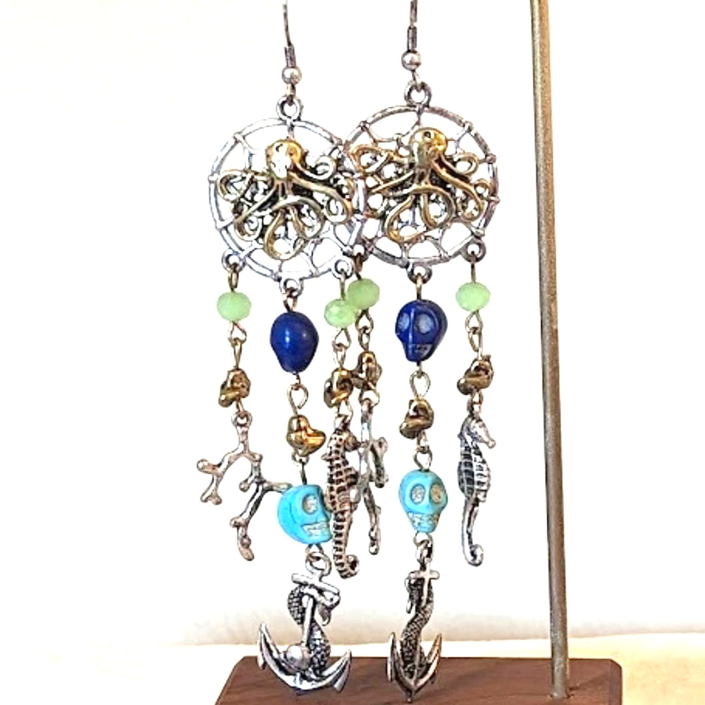 Nautical Charm Dangle Multi-Chain Bottom of the Sea Silver Tone Earrings