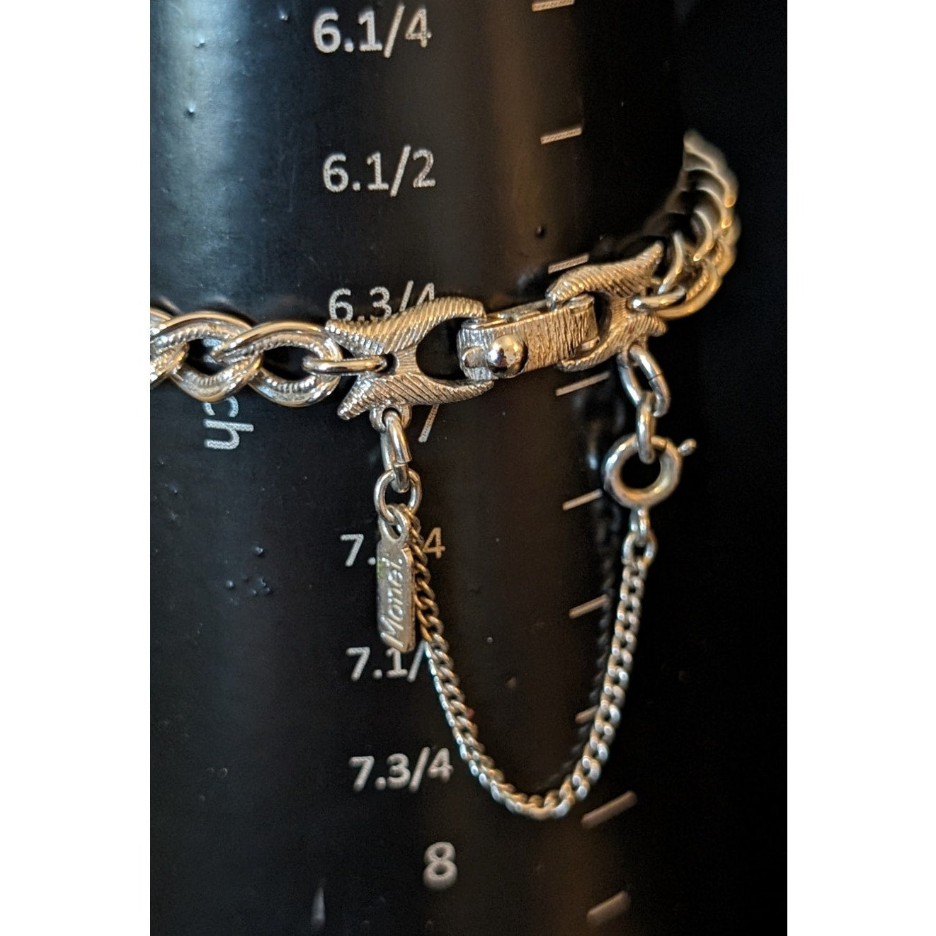Vintage Monet Silver Plated Textured Link Safety Clasp Charm Bracelet