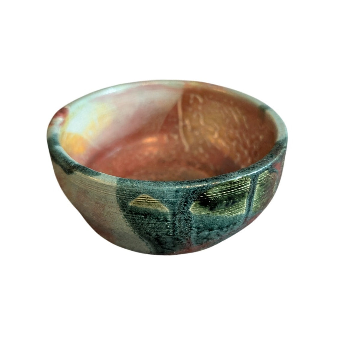 Signed ML Studio Pottery Turquoise Copper Gold Shine Bowl