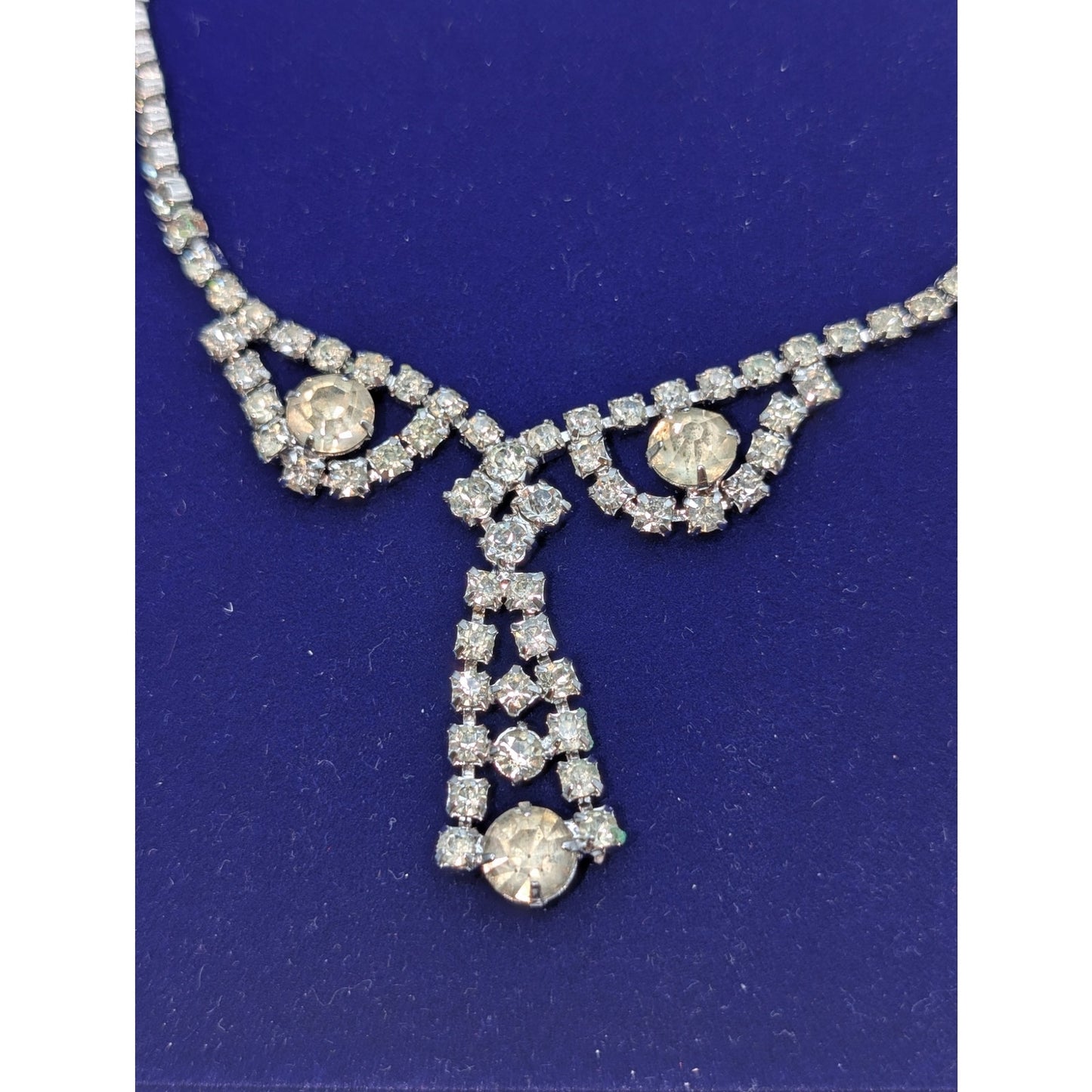 Vintage Rhinestone Dangle Fold Over Clasp Silver Tone 14.75" Necklace