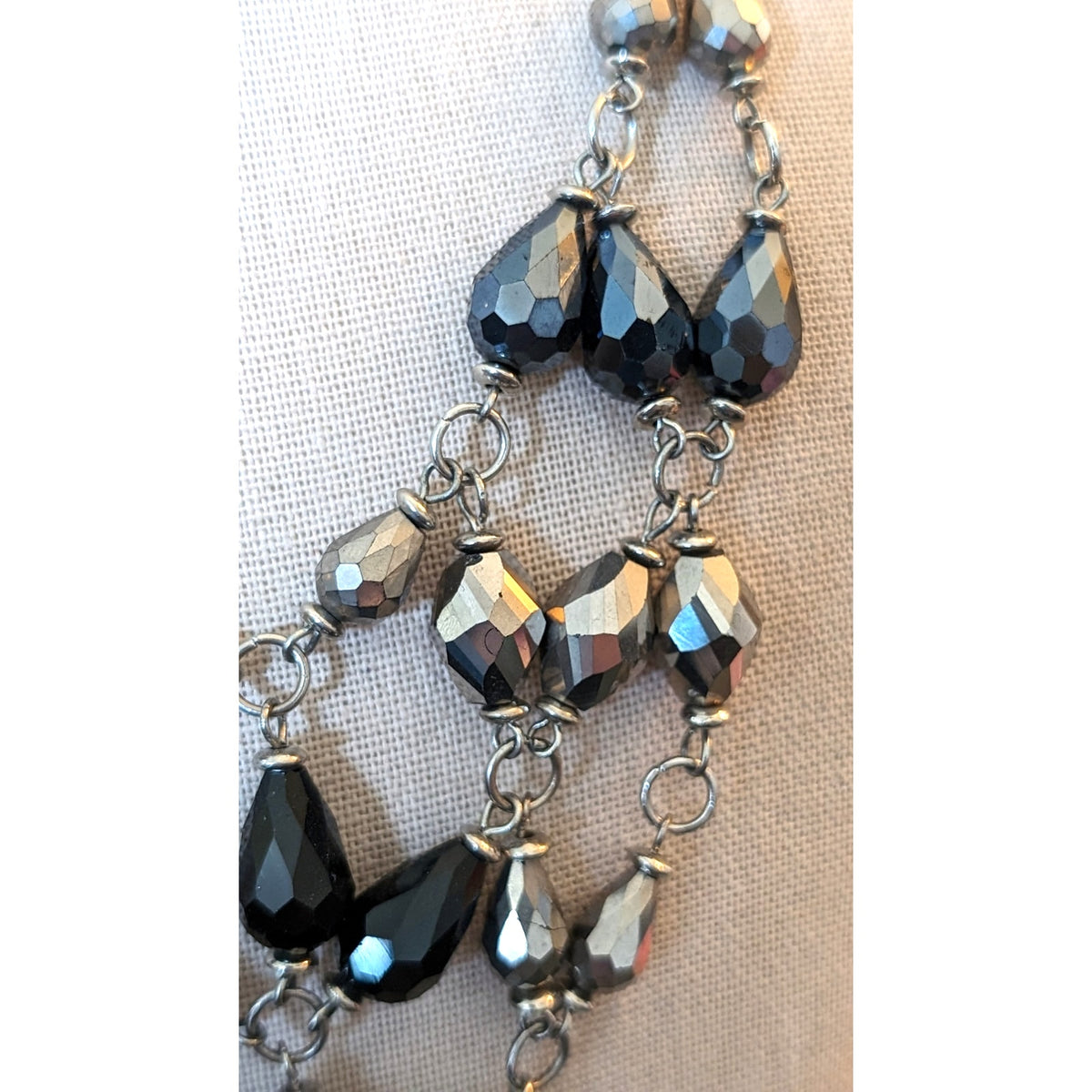 Silver & Black Metallic Crystal Web Beaded Silvertone Chain Statement Necklace