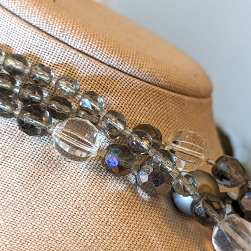 Vintage Gray Clear Faceted Crystal, Lava, Foil Bead Necklace W/ Fancy Clasp