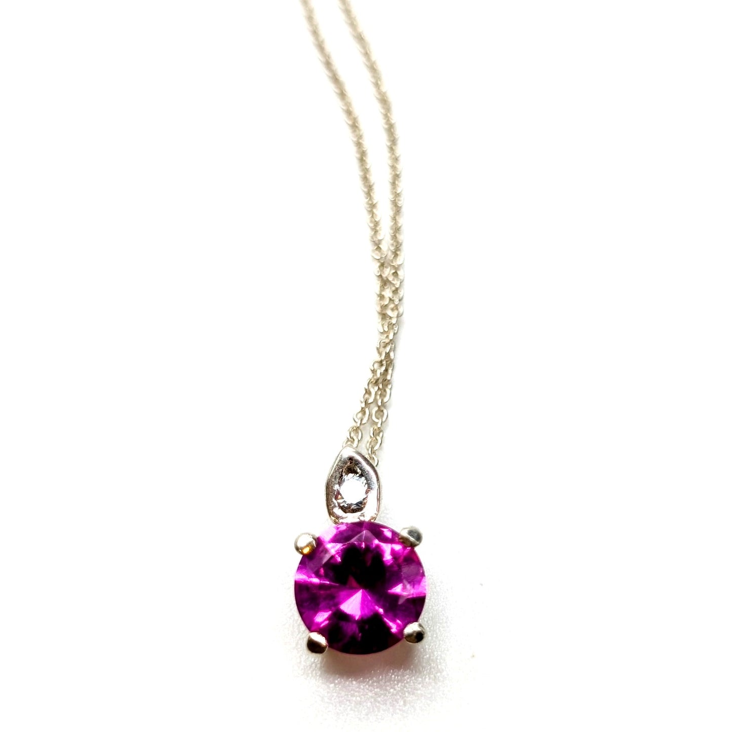 Pink Sapphire Solitaire & CZ Pendant 925 Sterling Silver 18.5" Necklace