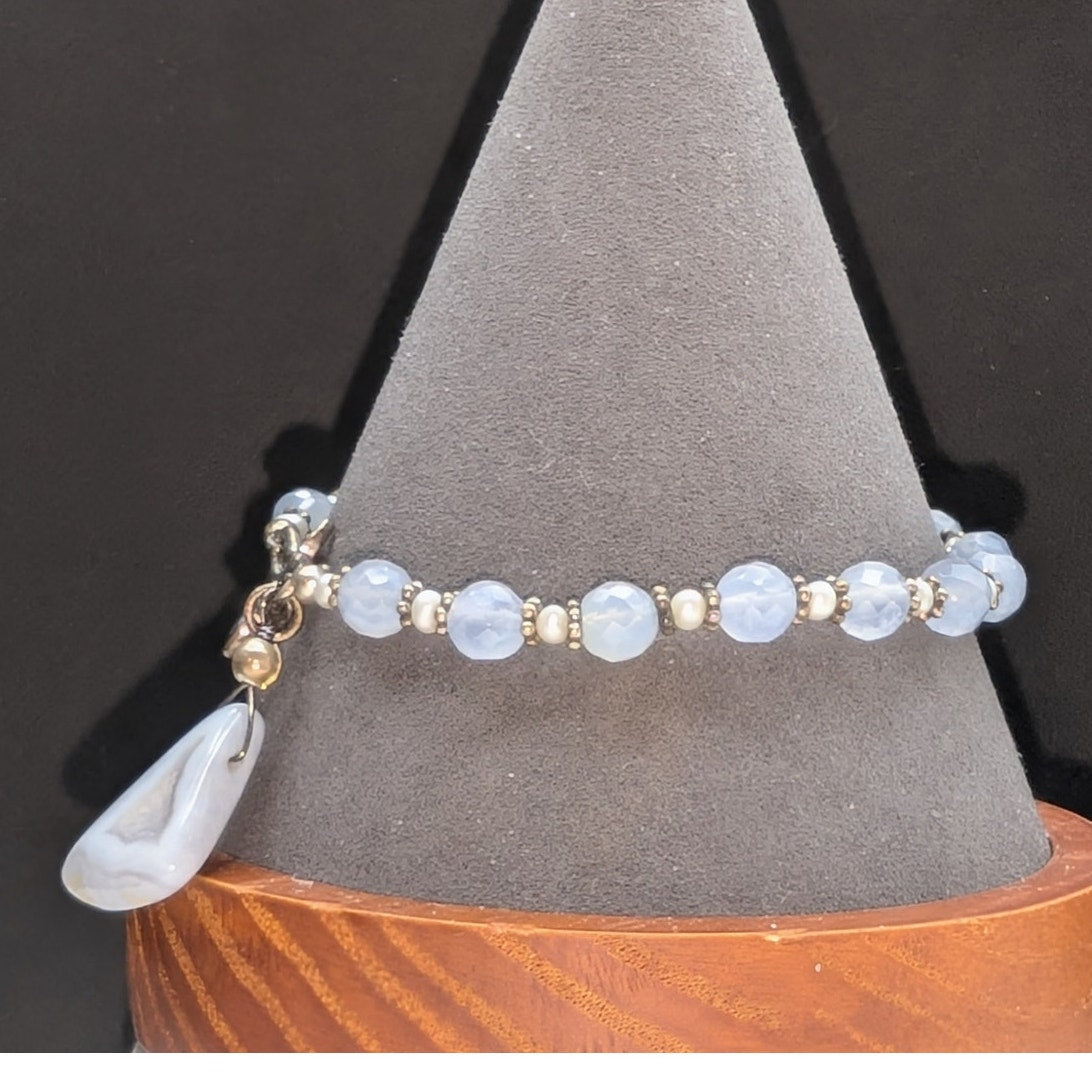 Blue Agate Seed Pearl Beaded Toggle Closure Bracelet