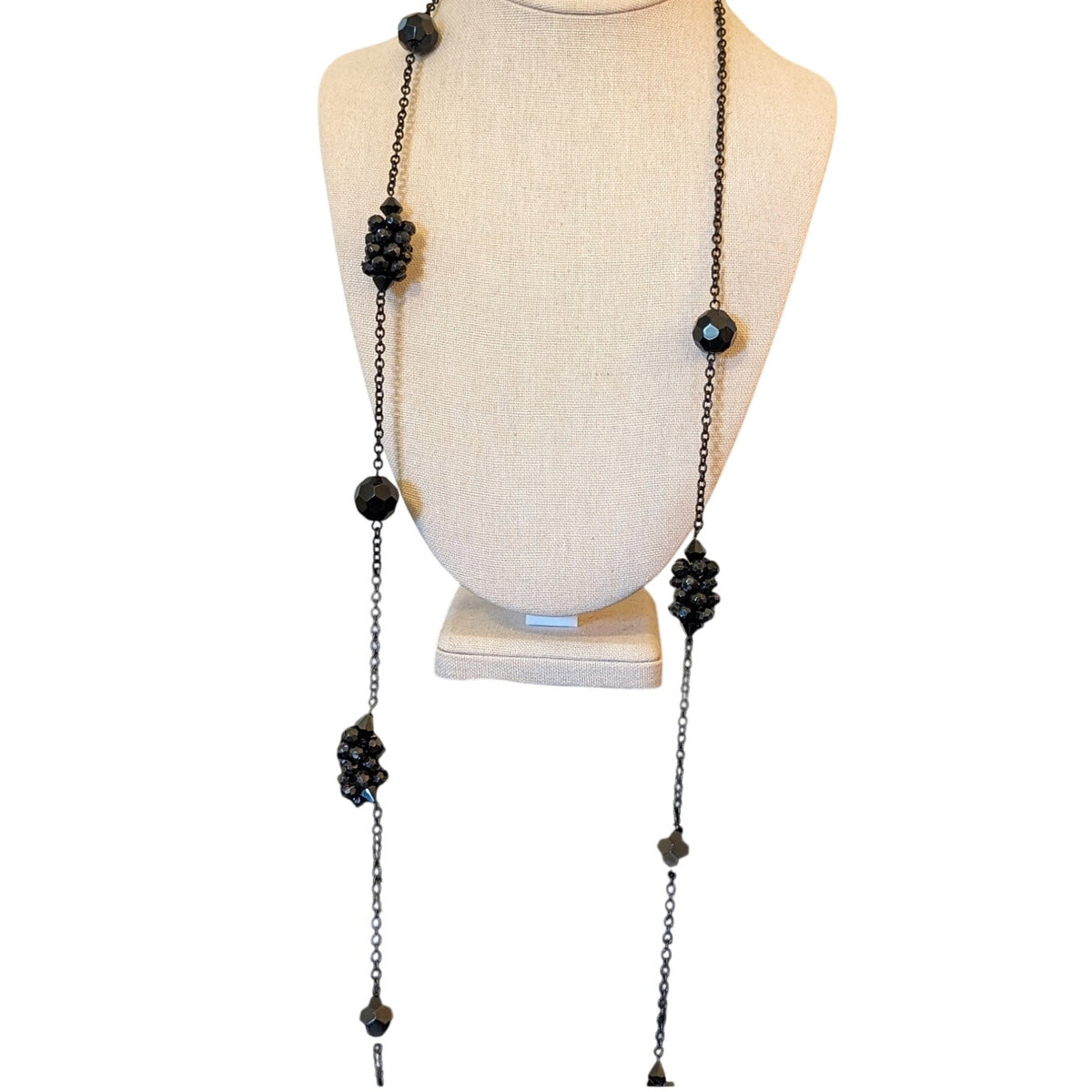 Black Glass Crystal Cluster Bead Black Metal Long Chain 46" Necklace