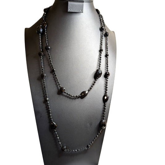 Jet Black Faceted Glass Bead 60" Necklace w/ Lobster Claw Clasp