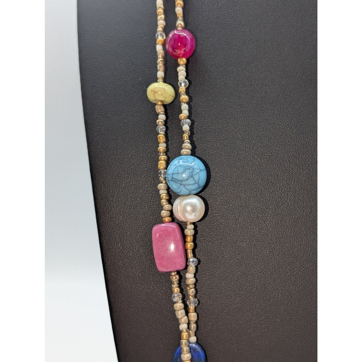 Chico's Boho 2 Strand Beaded Stone Pearl 38" Necklace & Enamel Clamper Bracelet