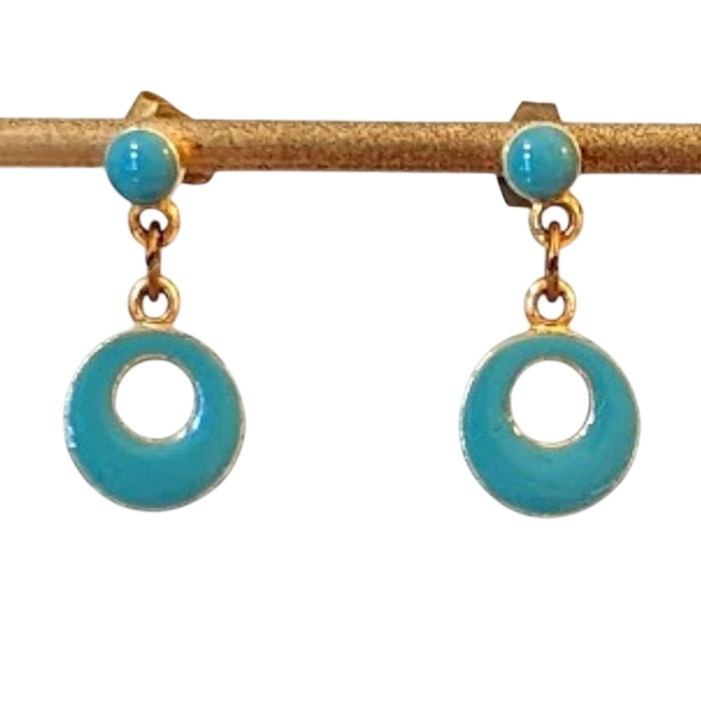 Vintage Teal/Green Enamel Gold Tone Loop Post Earrings