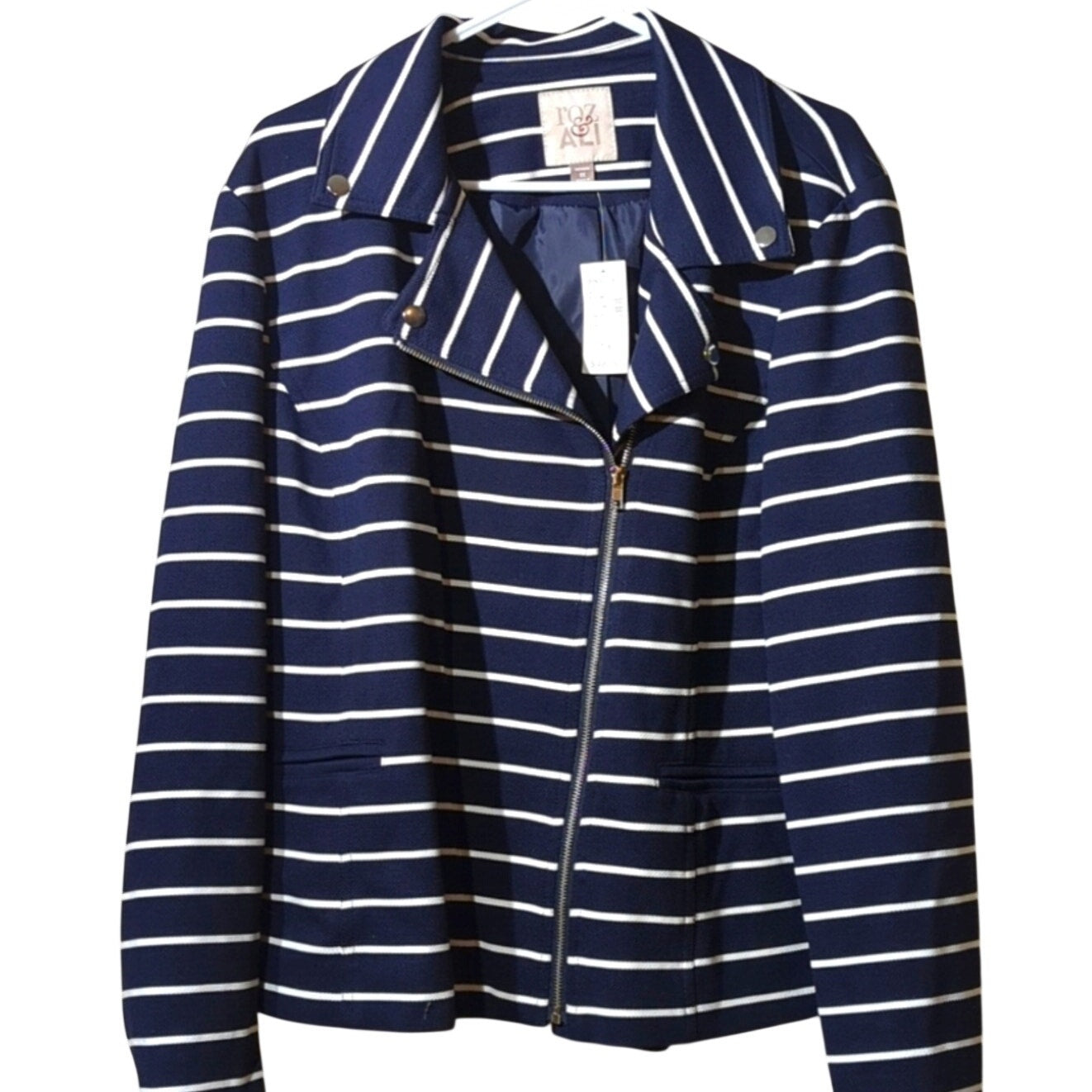 Roz & Ali NWT Navy Stripe Moto Fully Lined Stretch Jacket Women's Size 1X