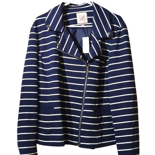 Roz & Ali NWT Navy Stripe Moto Fully Lined Stretch Jacket Women's Size 1X