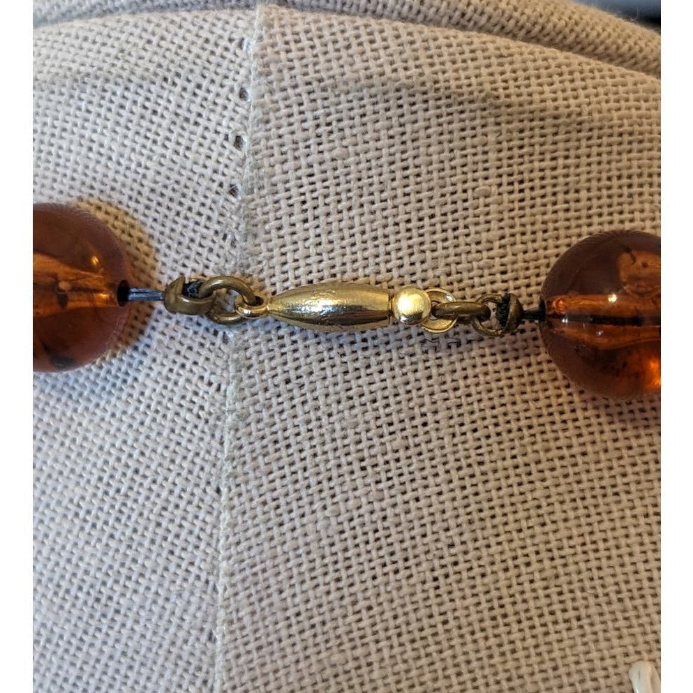 Amber Look Gold Tone Bead Long Vintage Necklace W/ Unique Barrel Clasp