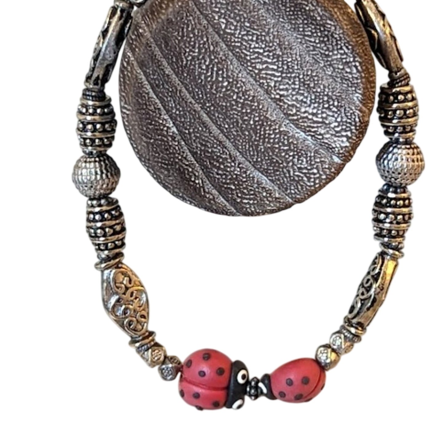 Kissing Ladybugs Silver Tone Beaded Toggle Bracelet