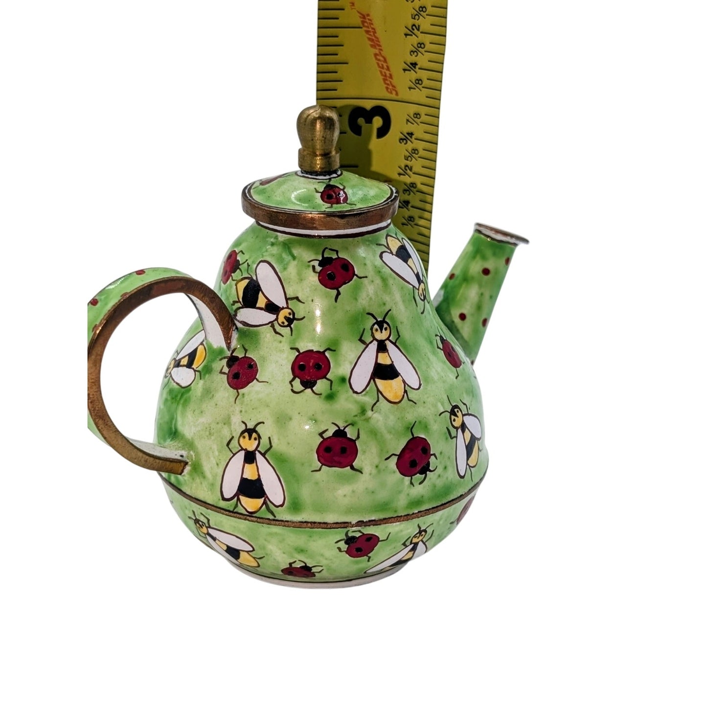 Kelvin Chen Vintage Hand Painted Green Enamel Copper Teapot Ladybugs & Bees